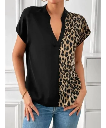 Kadın V Yaka Leopar Garnili Mosskrep Kumaş Bluz