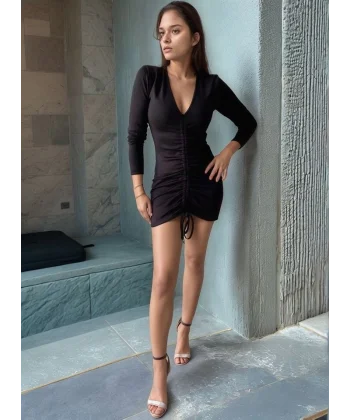 Kadın V Yaka önü Asansör Büzgü Detay Fırsat ürün Mini Elbise