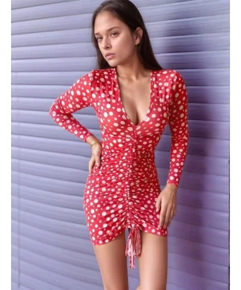 Kadın V Yaka önü Asansör Büzgü Detay Fırsat ürün Puantiyeli Mini Elbise