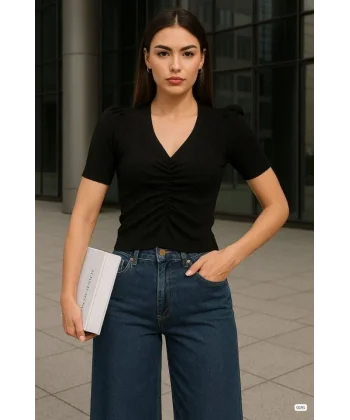 Kadın V Yaka Önü Büzgü Detaylı Triko Bluz