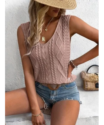 Kadın V Yaka örme Detay Triko Kolsuz Bluz