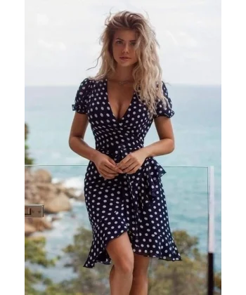 Kadın V Yaka Puantiyeli Detay Bağcık Dahil Diz üstü Elbise