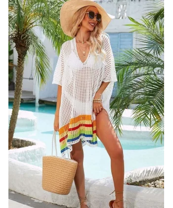Kadın V Yaka Renkli şeritli örme Triko Pareo