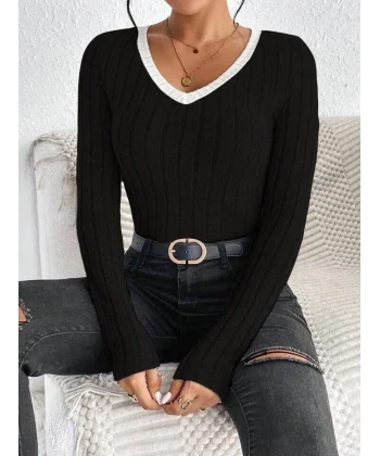 Kadın V Yaka Ribana Ve Garni Detay Sardonlu Kaşkorse Kumaş Bluz