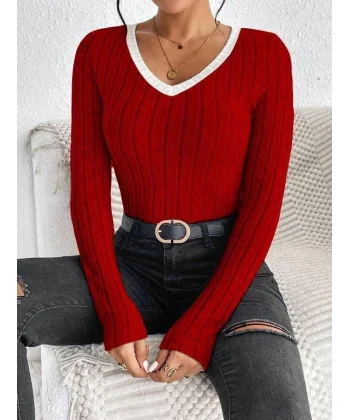 Kadın V Yaka Ribana Ve Garni Detay Sardonlu Kaşkorse Kumaş Bluz