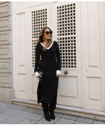 Kadın V Yaka Şerit Detaylı Çift Yırtmaçlı Elbise