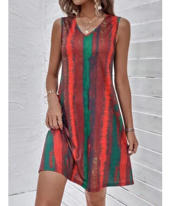 Kadın V Yaka Sıfır Kol Desenli Süprem Elbise