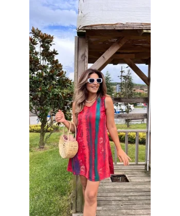 Kadın V Yaka Sıfır Kol Desenli Süprem Elbise