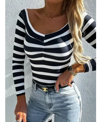 Kadın V Yaka Süprem Kumaş Çizgi Desenli Bluz