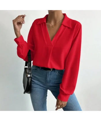 Kadın V Yaka Uzun Kollu Mosskrep Kumaş Bluz