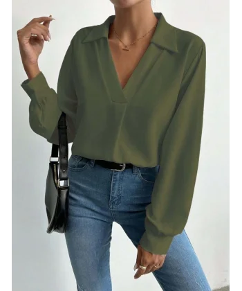 Kadın V Yaka Uzun Kollu Mosskrep Kumaş Bluz