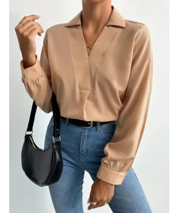 Kadın V Yaka Uzun Kollu Mosskrep Kumaş Bluz