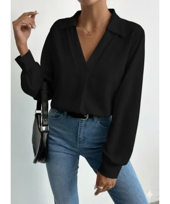 Kadın V Yaka Uzun Kollu Mosskrep Kumaş Bluz