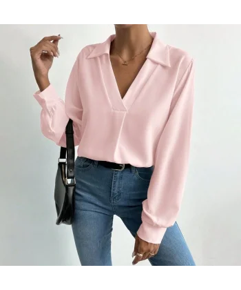 Kadın V Yaka Uzun Kollu Mosskrep Kumaş Bluz