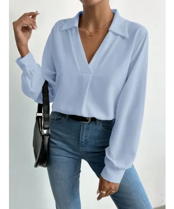 Kadın V Yaka Uzun Kollu Mosskrep Kumaş Bluz