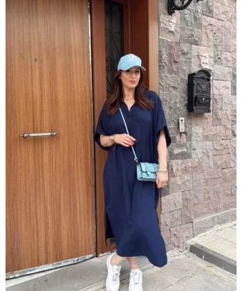 Kadın V Yaka Yarasa Kol Salaş Maxi Boy Elbise