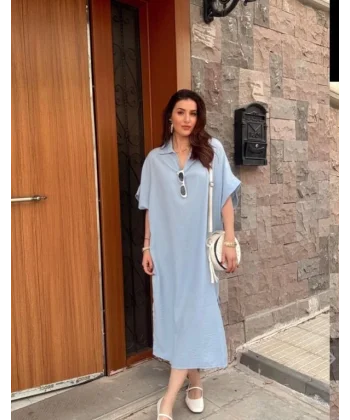 Kadın V Yaka Yarasa Kol Salaş Maxi Boy Elbise