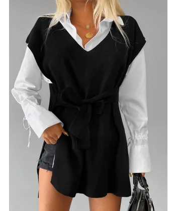 Kadın V Yaka Yırtmaç Detay Arkadan Bağlamalı Triko Bluz