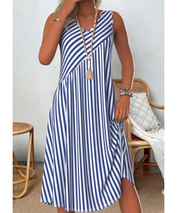 Kadın V Yakalı Askılı çizgili Midi örme Viskon Elbise