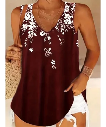 Kadın V Yakalı çiçek Baskılı Kolsuz Salaş Süprem Bluz