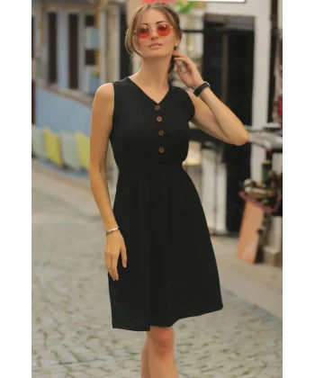 Kadın V Yakalı önden Düğme Detay Beli Lastikli Keten Kısa Elbise