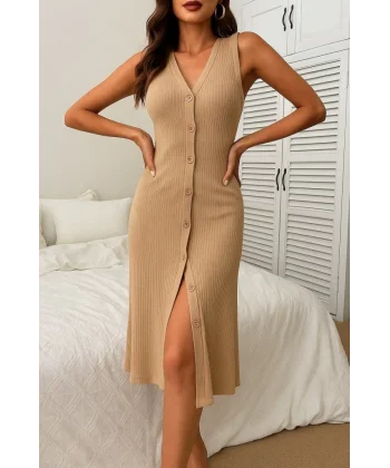 Kadın V Yakalı önden Düğmeli Kaşkorse Elbise