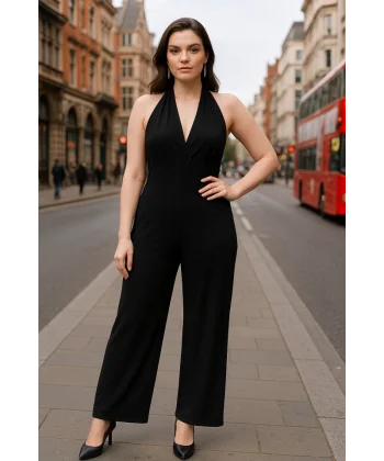 Kadın V YakaSırt Dekolteli Geniş Paça Sandy Kumaş Fırsat Ürün Tulum