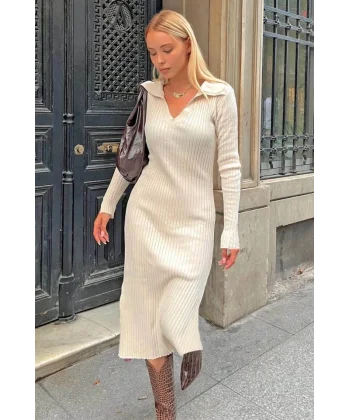 Kadın V Yakauzun Kollu Midiboy Triko Elbise