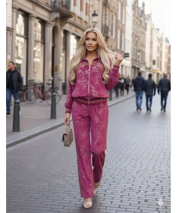 Kadın Varak Baskılı Kadife Kumaş Hırka Ve Pantolon Ikili Takım