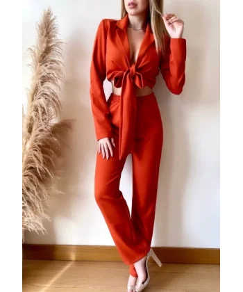 Kadın Vatkalı Bağlamalı Bluz Pantolon Alt Ikili Takım