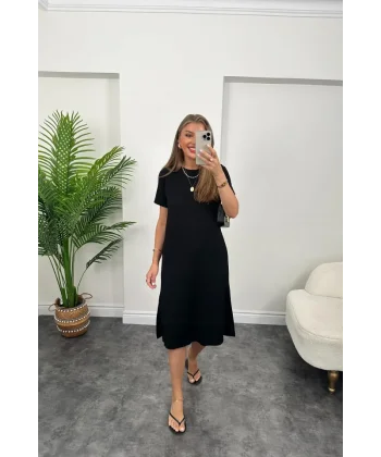 Kadın Viskon Kumaş Kısa Kollu çift Yırtmaç Detaylı Salaş Elbise