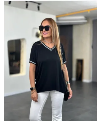 Kadın Viskon Kumaş V Yaka şerit Detaylı Tişört