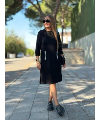 Kadın Viskon Pamuklu Kumaş Kol File , şerit Ve Cep Detaylı Elbise