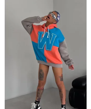 Kadın W Nakış İşlemeli Kapüşonlu Sweatshirt - Mavi