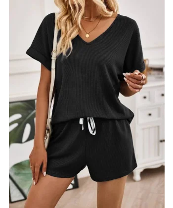 Kadın Waffle şort Tshirt Ikili Takım