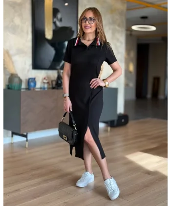 Kadın Yaka Ribanalı Çift Yırtmaçlı Elbise