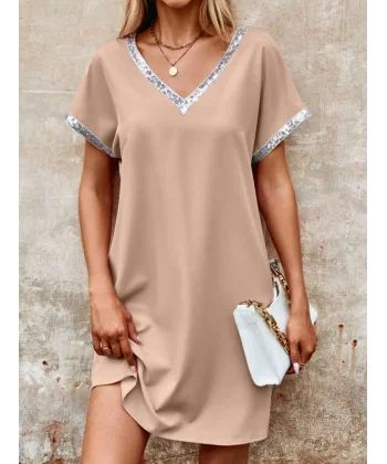 Kadın Yaka Ve Kol Pul Payet şeritli Ithal Krep Elbise