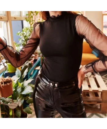 Kadın Yakası Fırfır Detay Kolları Tül Bluz