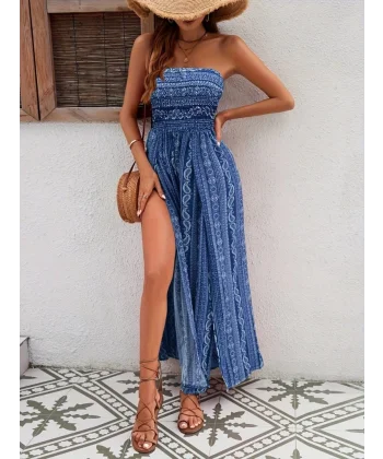 Kadın Yakası Gipe Detaylı önden Yırtmaç Detaylı Desenli Süprem Pantolon Etek