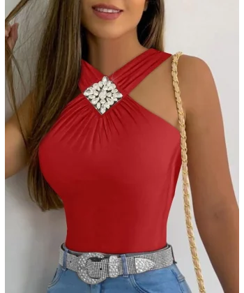 Kadın Yakası önden çaprazlı Taş Detaylı Viskon Bluz