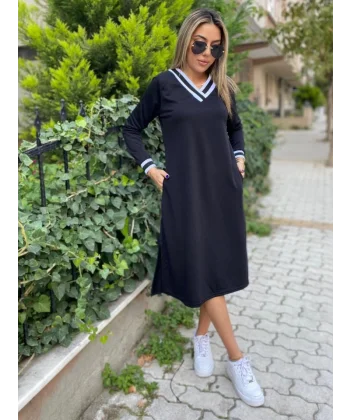 Kadın Yakası Ve Kolu Ribanalı Viskon Iki Iplik Kumaş Elbise