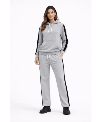 KADIN Yandan Şeritli Eşofman Takım Kapüşonlu Sweatshirt Boru Paça Alt, Oversize 3 iplik Pamuklu - Gri