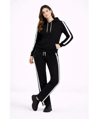 KADIN Yandan Şeritli Eşofman Takım Kapüşonlu Sweatshirt Boru Paça Alt, Oversize 3 Iplik Pamuklu - Siyah