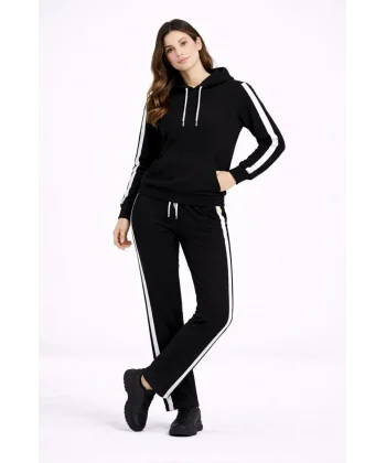 KADIN Yandan Şeritli Eşofman Takım Kapüşonlu Sweatshirt Boru Paça Alt, Oversize 3 iplik Pamuklu - Siyah