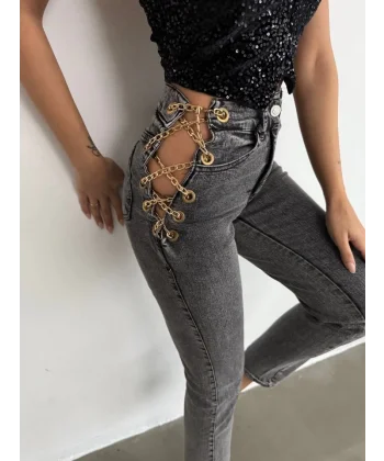 Kadın Yandan Zincir Ve Kuş Gözü Detaylı Jean Kot Pantolon