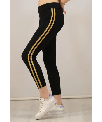 Kadın Yanı Sarı Şeritli Her Gardıropta Olması Gereken Tayt - Siyah