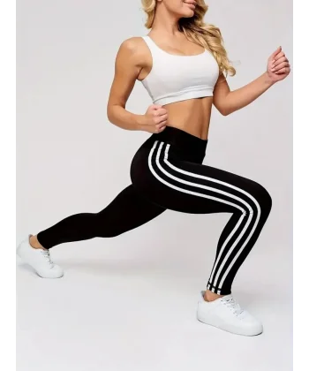 Kadın Yanları üç şerit çizgi Detaylı Yüksek Bel Toparlayıcı Dalgıç Spor Tayt