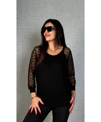 Kadın Yarasa Kol Puantiyeli Tül Detay Bluz