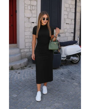 Kadın Yarı Balıkçı Yaka Yırtmaçlı Dalgıç Midi Elbise