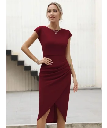 Kadın Yarım Ay Kollu Bisiklet Yaka Yandan Drapeli Ithal Krep Elbise